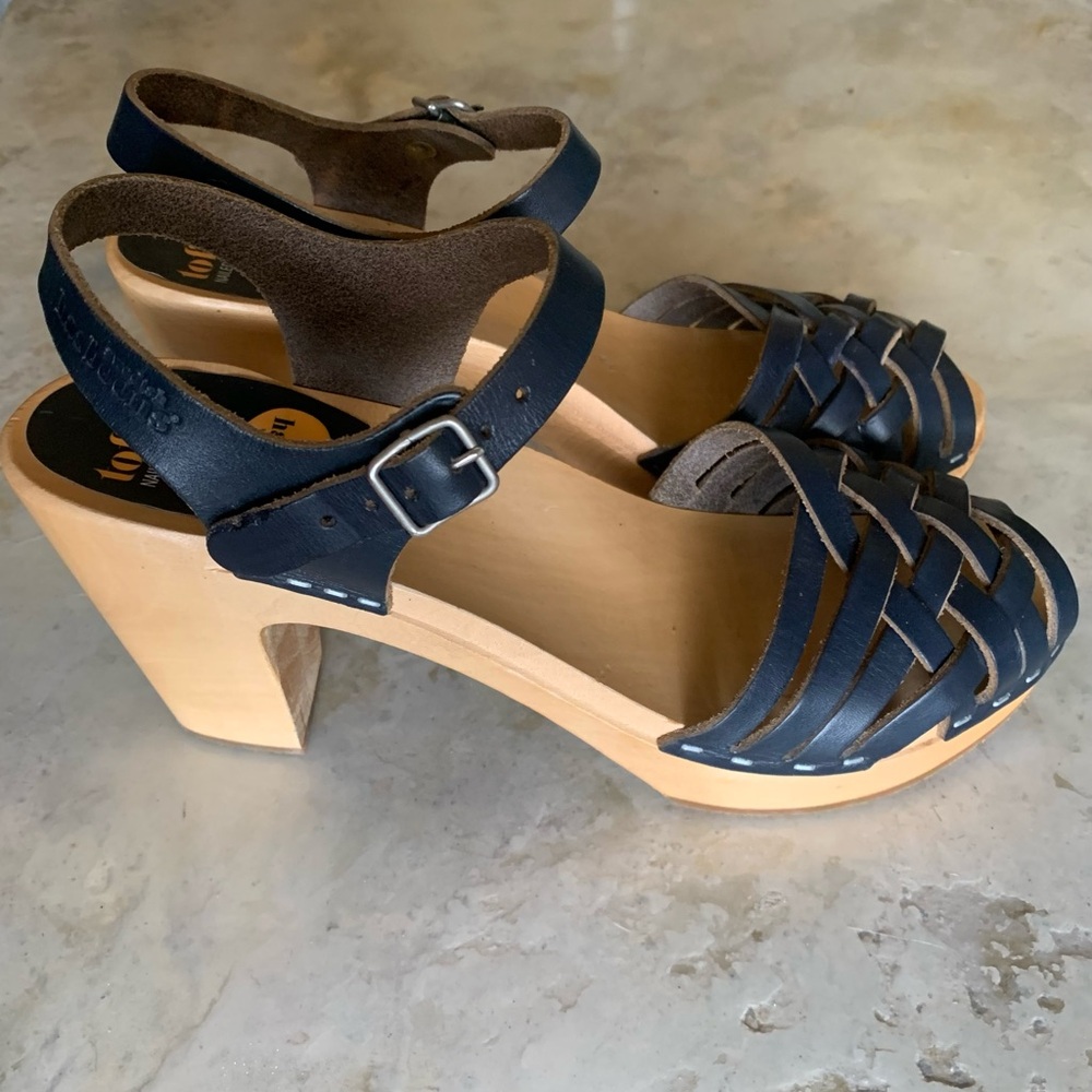Swedish Hasbeens Navy Blue Woven Leather Wooden Heel Sandal Platform Clog Sz. 41